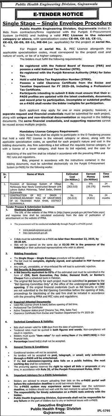 Public Health Engineering Division Gujranwala Tender Notice
